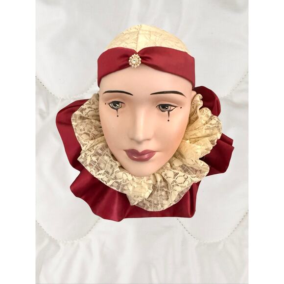 Porcelain Face Other - Vintage Mardi Gras Porcelain Hand painted Wall Hanging Mask Lace Hat & Collar